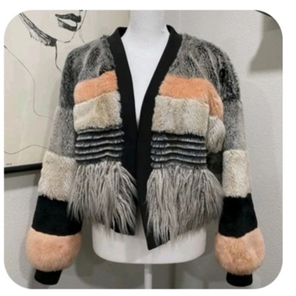 Young Fabulous and Broke Patchwork Faux Fur Jacket in Gray, Peach & Black